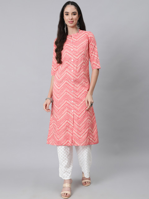 

Anubhutee Women Peach-Coloured & White Printed Kurta with Trousers