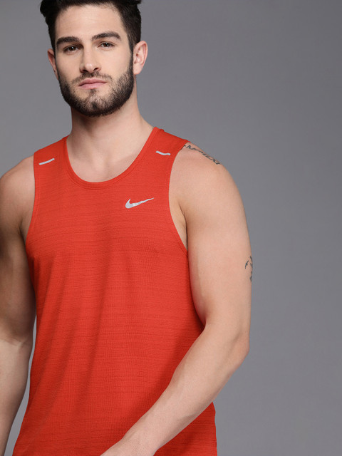 

Nike Men Orange Brand Logo Dri-FIT Miler Men's Running Tank T-shirt, Red