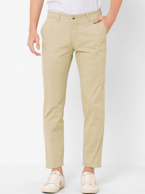 

Solemio Men Khaki Checked Easy Wash Chinos Trousers