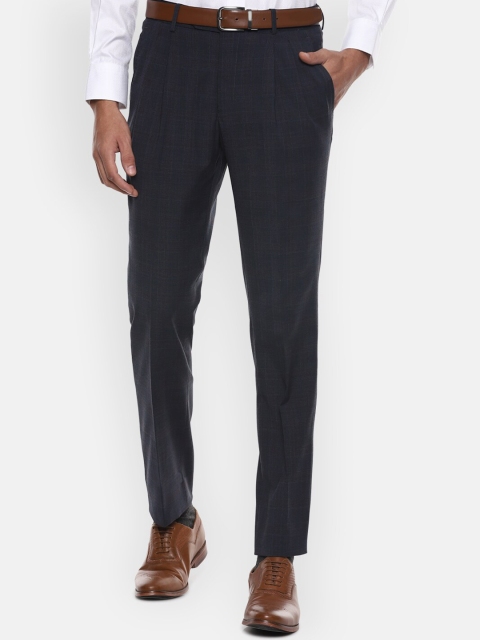 

Luxure by Louis Philippe Men Navy Blue Checked Slim Fit Pleated Trousers