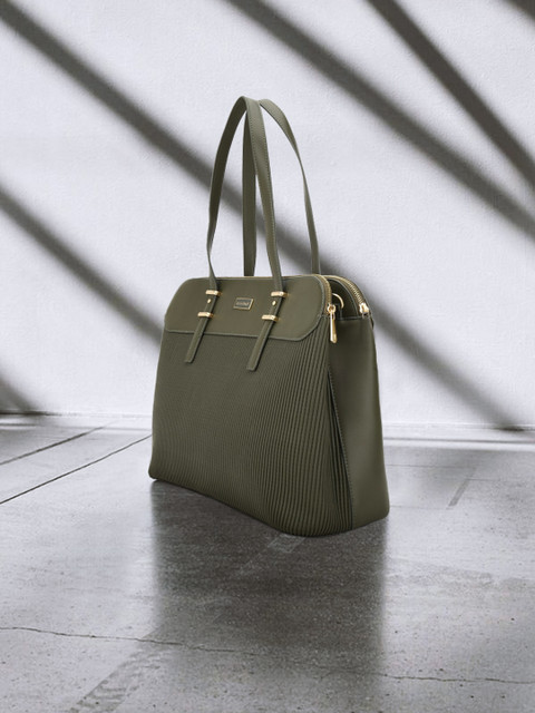 

Van Heusen Woman Olive Green Textured PU Shopper Handheld Bag with Cut Work
