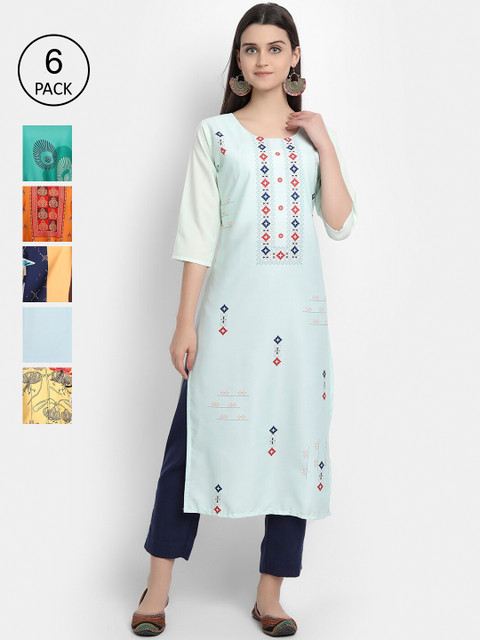 

7Threads Women Pack of 6 Floral Embroidered Kurtas, Multi