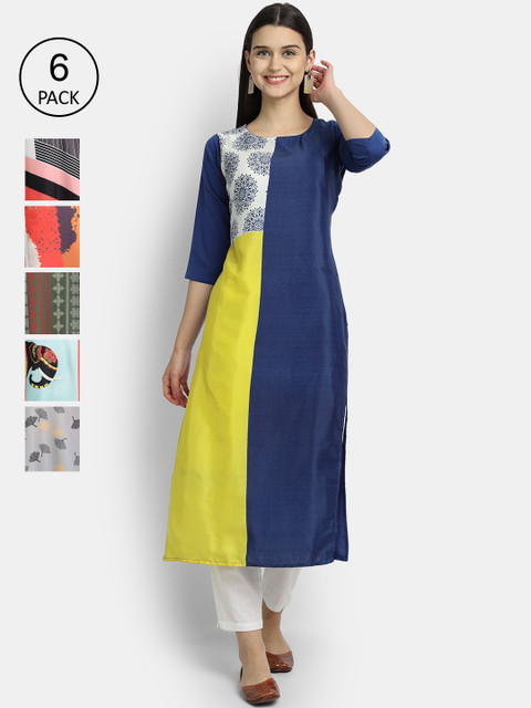 

7Threads Women Pack of 6 Digital Printed Straight Crepe Kurtas, Multi