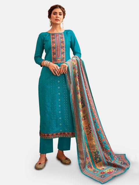 

Kvsfab Turquoise Blue & Pink Embroidered Sequinned Unstitched Dress Material