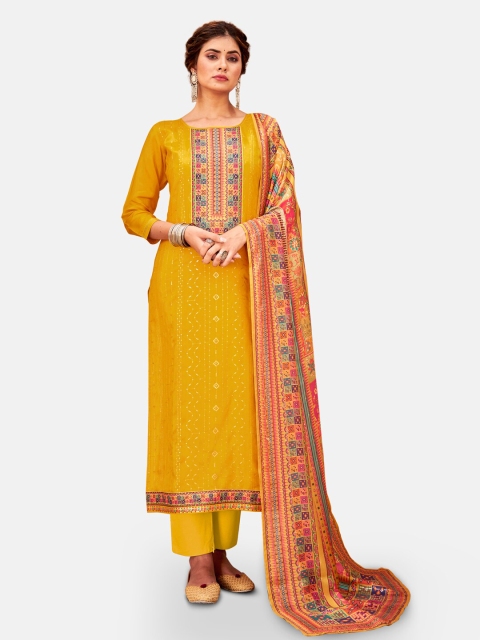 

Kvsfab Mustard & Pink Embroidered Unstitched Dress Material