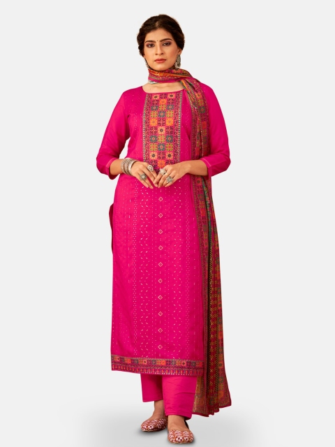 

Kvsfab Pink & Blue Printed Unstitched Dress Material