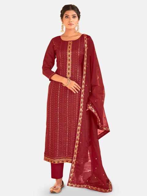 

Kvsfab Maroon & Gold-Toned Sequinned Unstitched Dress Material