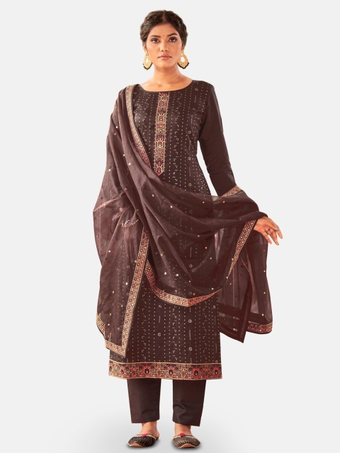 

Kvsfab Coffee Brown & Pink Embroidered Unstitched Dress Material