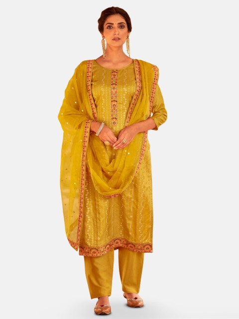 

Kvsfab Women Mustard & Maroon Ethnic Motifs Sequinned Unstitched Dress Material