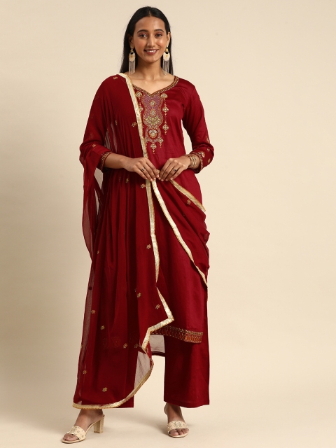 

Shaily Maroon Embroidered Pure Cotton Unstitched Dress Material