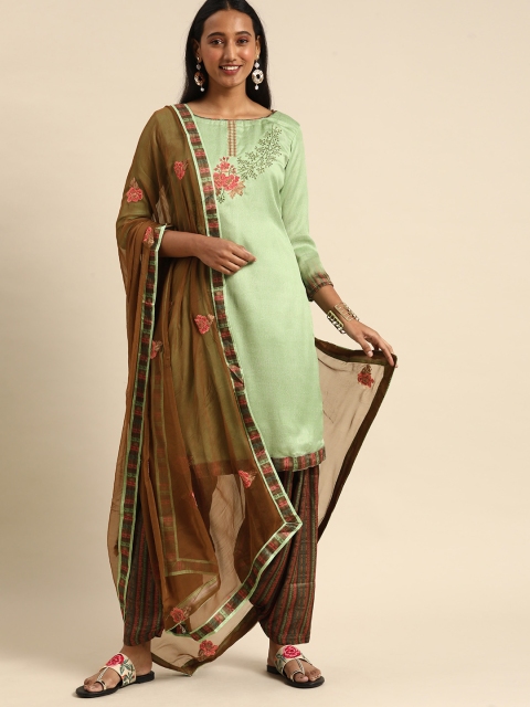 

Shaily Green & Brown Embroidered Satin Unstitched Dress Material