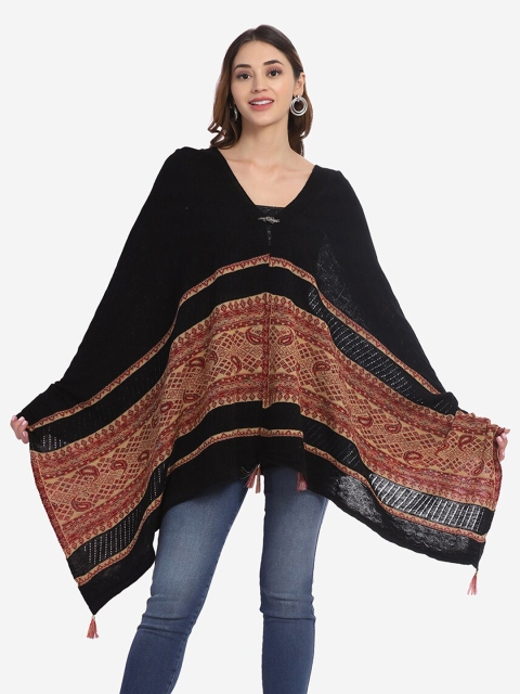 

Saanjh Women Black & Maroon Cable Knit Printed Poncho