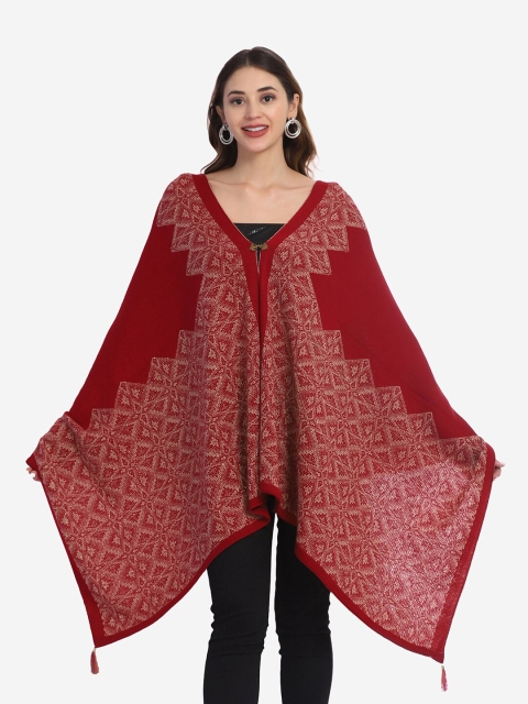 

Saanjh Women Maroon & White Self Design Woolen Poncho