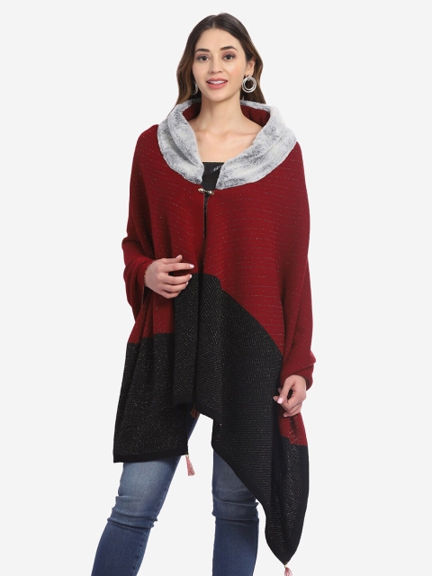 

Saanjh Women Maroon & Black Self Design Woolen Poncho