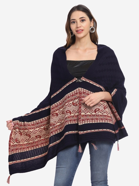 

Saanjh Women Navy Blue Knitted V Neck Ponchos