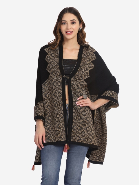 

Saanjh Women Black & Beige Self Design Poncho
