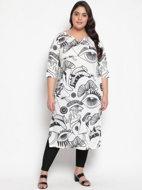 

Amydus Women White & Black Printed V-neck Straight Kurta