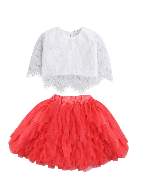 

Hopscotch Girls Red & White Self Design Top with Skirt