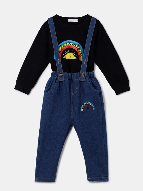 

Hopscotch Boys Black & Blue Printed Dungaree With T-shirt