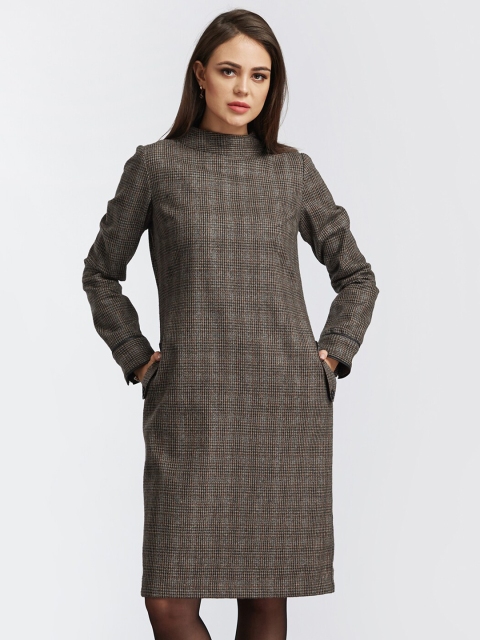 

FableStreet Brown & liver Checked Formal Sheath Dress