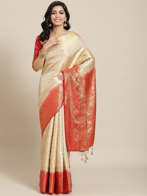 

Chhabra 555 Cream-Coloured & Gold-Toned Ethnic Motifs Zari Art Silk Brocade Banarasi Saree