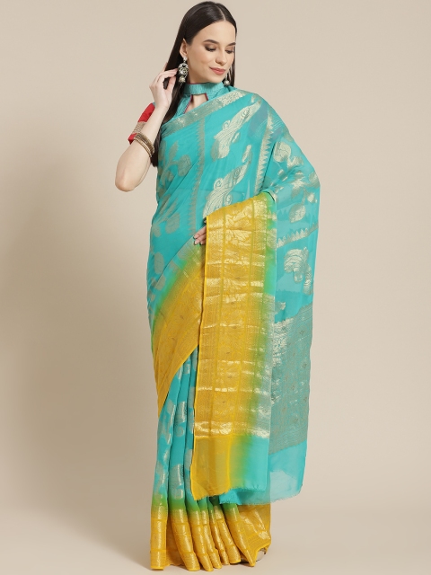 

Chhabra 555 Turquoise Blue & Yellow Woven Design Saree