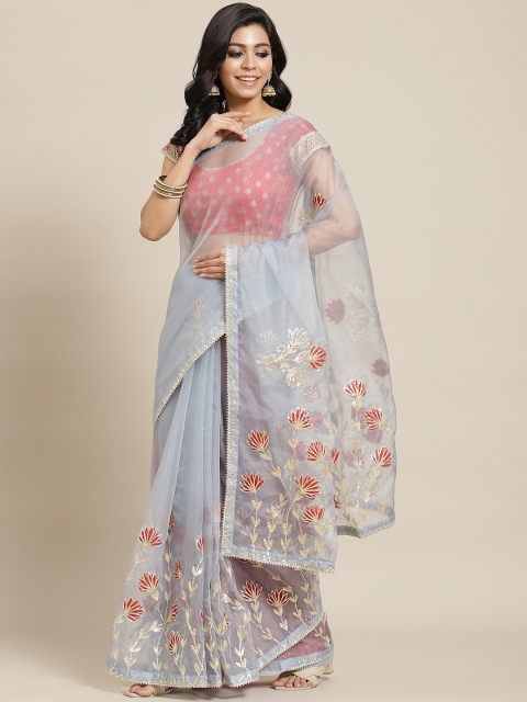 

Chhabra 555 Grey Floral Gotta Patti Jaipuri Organza Saree
