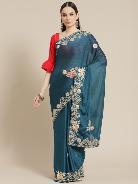 

Chhabra 555 Teal Blue & Red Ethnic Motifs Gotta Patti Fusion Saree