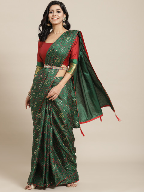 

Chhabra 555 Green Bandhani Silk Blend Bandhani Saree Matching Belt