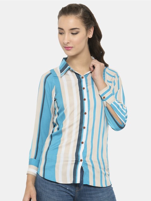 

Enchanted Drapes Women Blue Striped Crepe Casual Shirt