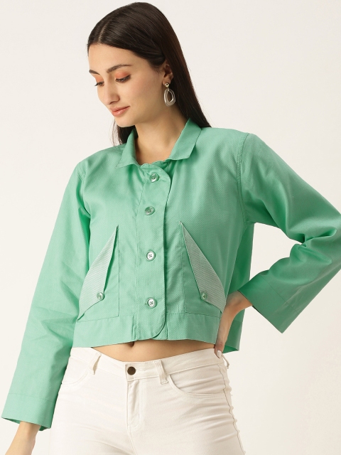 

COUPER & COLL Women Sea Green Crop Cotton Tailored Jacket