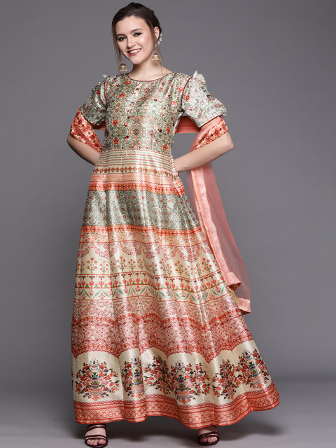 

Chhabra 555 Cream-Coloured & Green Ethnic Motifs Made To Measure Maxi Dress & Dupatta