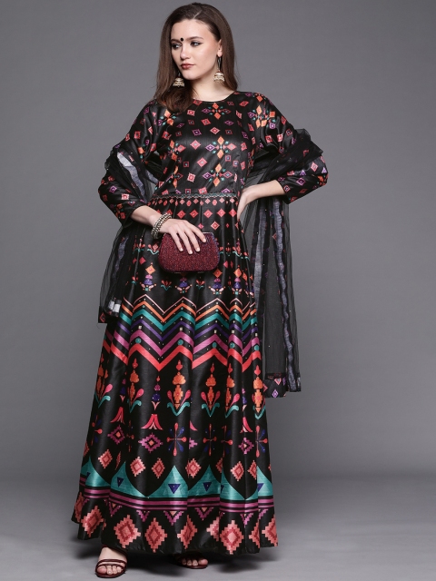 

Chhabra 555 Black & Orange Made To Measure Printed Maxi Dress with Dupatta