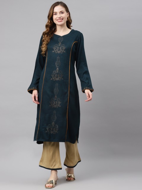 

Laabha Women Teal Blue & Beige Ethnic Motifs Stones Detail Winter Kurta with Trousers