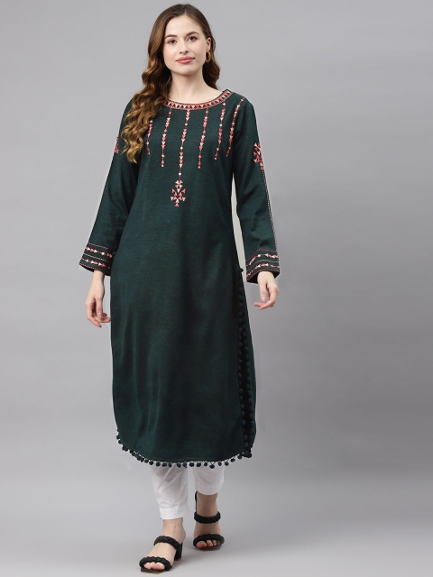 

Laabha Women Teal & Pink Geometric Embroidered Wool Kurta