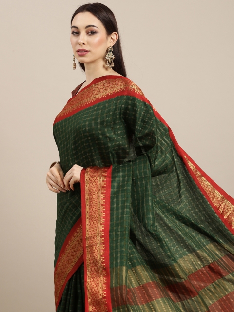 

all about you Olive Green & Red Checked Zari Saree