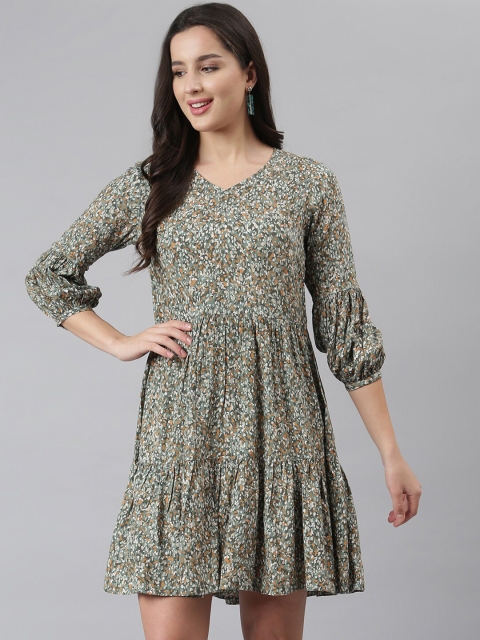 

DEEBACO Green Multi-Print Gathered Dress