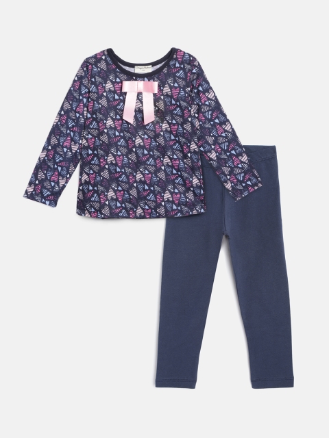 

CrayonFlakes Girls Navy Blue & Pink Heart Print Bow Detail T-shirt with Leggings