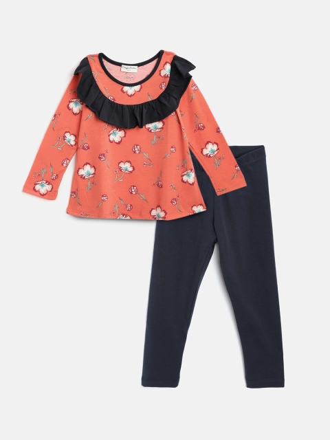 

CrayonFlakes Girls Orange & Black Printed Top with Trousers