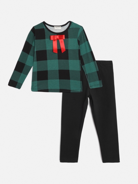 

CrayonFlakes Girls Green & Black Checked Bow Detail T-shirt with Leggings