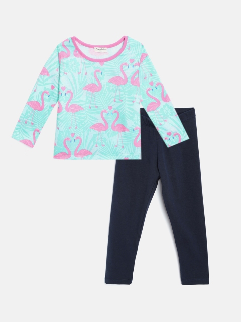 

CrayonFlakes Girls Pink & Navy Blue Tropical Print T-shirt with Leggings