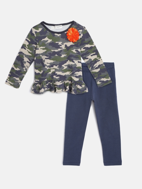 

CrayonFlakes Girls Olive Green & Navy Blue Camouflage Print Top with Leggings