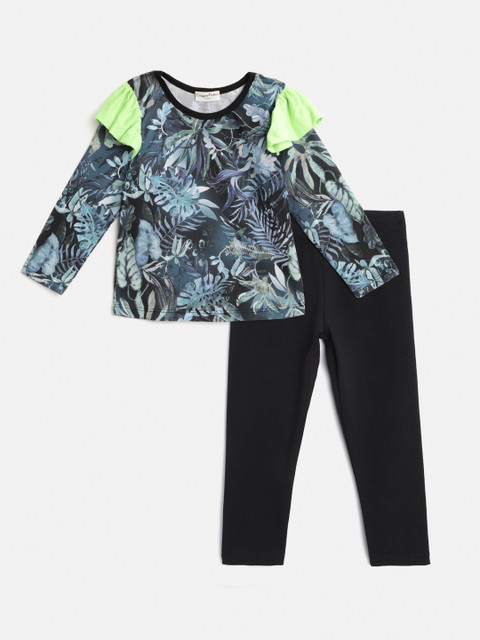 

CrayonFlakes Girls Blue & Black Printed Top with Trousers