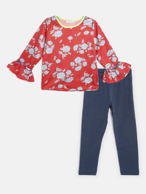 

CrayonFlakes Girls Red & Blue Printed Top with Trousers