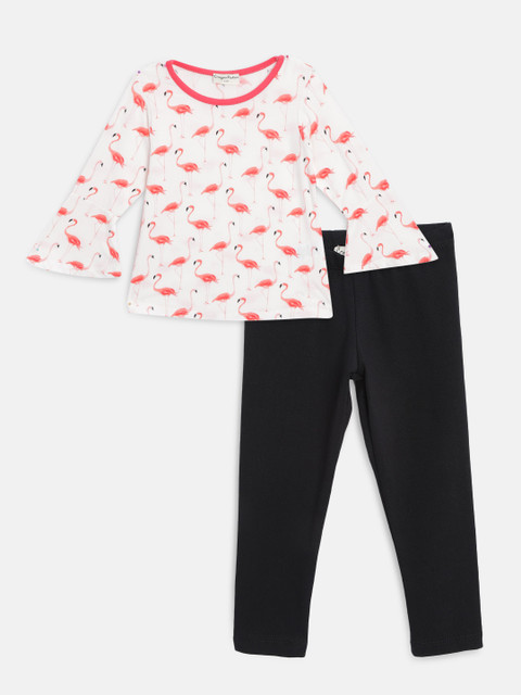 

CrayonFlakes Girls White & Black Flamingo Print Top with Leggings