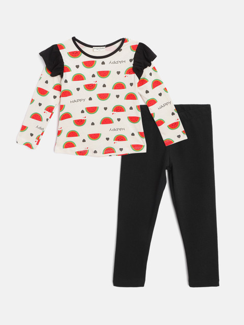 

CrayonFlakes Girls White & Black Conversational Print Ruffles Top with Leggings