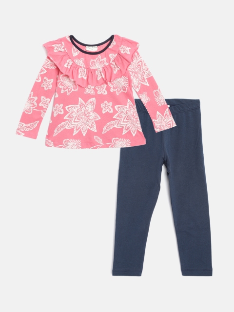 

CrayonFlakes Girls Peach-Coloured & Navy Blue Floral Print Top with Leggings