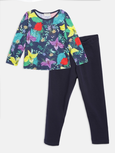 

CrayonFlakes Girls Navy Blue & Yellow Floral Print T-shirt with Leggings