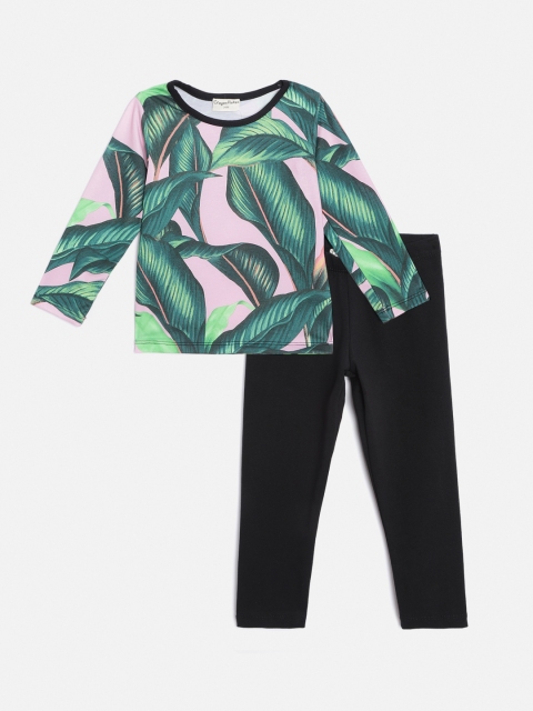 

CrayonFlakes Girls Pink & Black Tropical Print T-shirt with Leggings