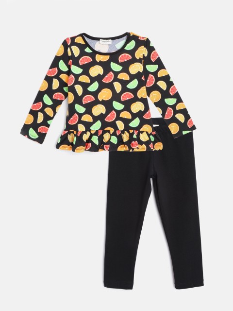 

CrayonFlakes Girls Black & Yellow Conversational Print Top with Leggings